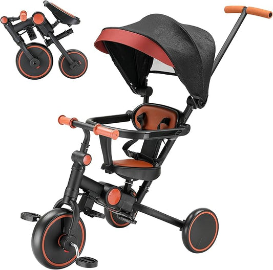 7-in-1 Foldable Baby Tricycle with Removable Canopy – Adjustable Parent Handle, Safety Harness & Wheel Brakes for Toddlers 1-5 Years Old, Balance Bike & Push Trike Gift for Boys & Girls, Black