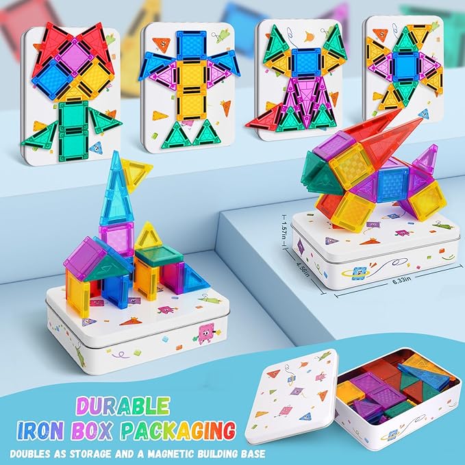 Magnetic Tiles 56pcs Travel Toys for Kids Toddlers, MINI Magnetic Building Blocks Set with Iron Box Base, Magnet Game, Plane Activities, Christmas Birthday Gifts for 3+ Years Girls Boys