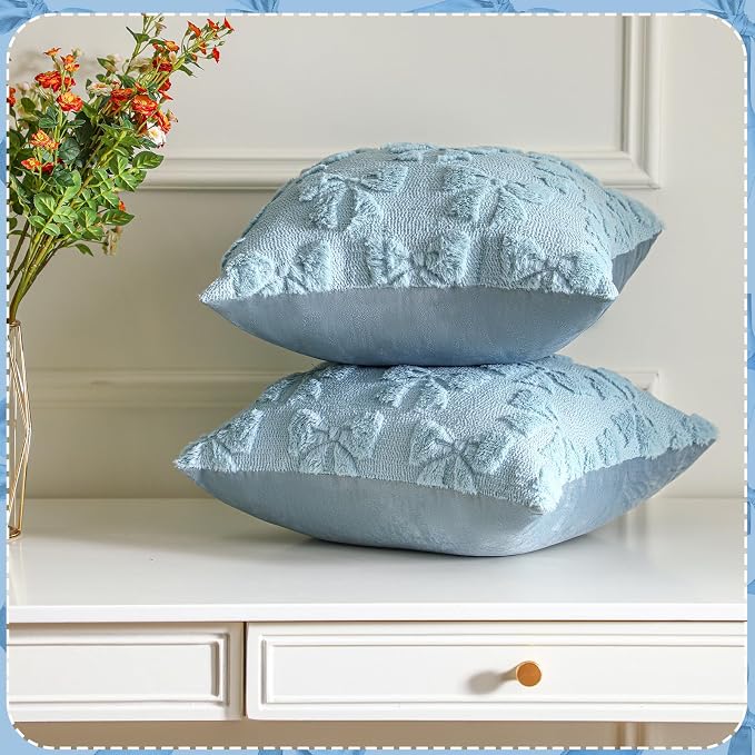 Mixweer Blue Bow Pillow Covers Set of 2 Preppy Room Decor Coquette Cute Spring Summer Decorative Faux Fur Soft Bowknot Stuff Fluffy Plush Aesthetic Pillowcase for Bed Sofa Couch (18 x 18 Inch)