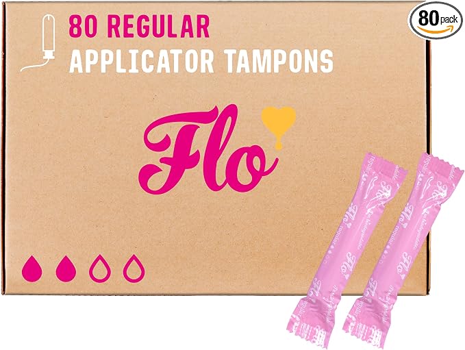 Flo - Organic Cotton Tampons for Women - 80 Pack (80 Regular Tampons) - Leak Proof - No Synthetic Fibers, Chlorine Bleach, or Added Dyes - Bio-Plastic Applicator - Feminine Care - Vegan & Cruelty Free