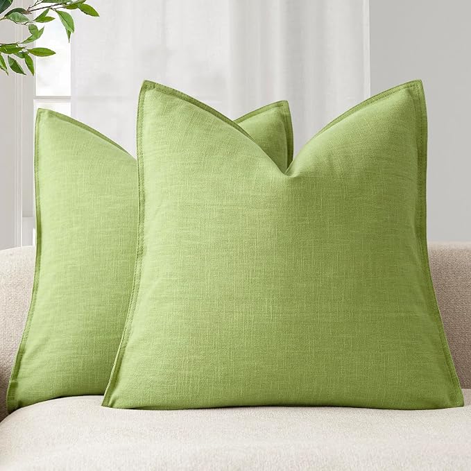 Foindtower Pack of 2, Decorative Linen Solid Throw Pillow Covers Soft Accent Euro Cushion Case Farmhouse Neutral Pillowcase for Chair Couch Sofa Bedroom Living Room Home Decor 24 x 24 Inch Lush Green