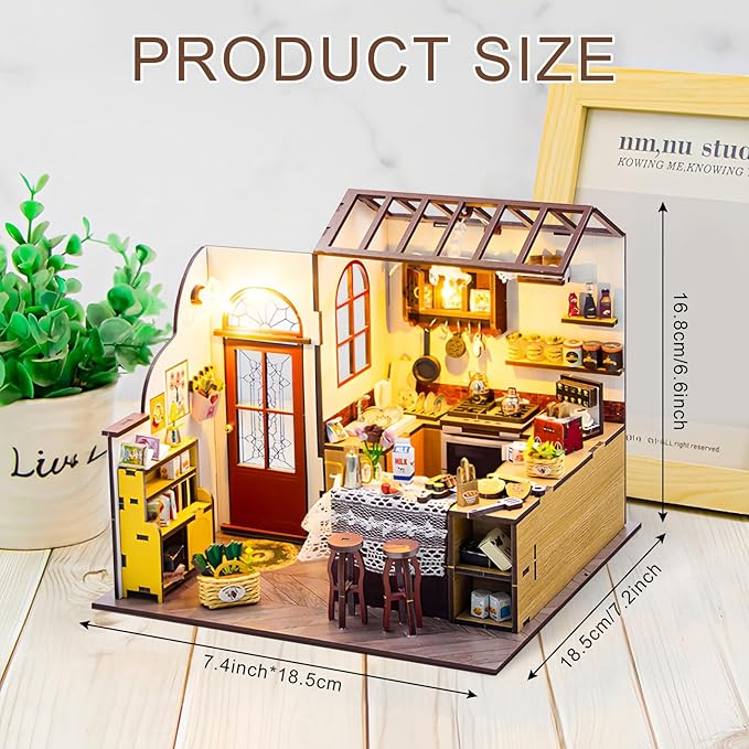 Foyucool DIY Miniature House Kit, Dollhouse Kit with LED Light, Mini House Building Kits for for Adult to Building, Christmas Home Decorations Gifts for Family and Friends, Kitchen