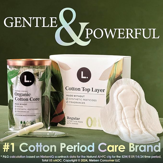 L. Extra Long Maxi Pads for Women, Overnight Absorbency, Organic Cotton Top Layer, Unscented Pads with Wings, 56 Count (Pack of 2)