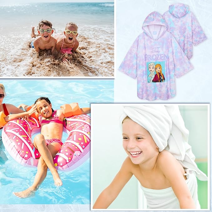 Disney Stitch Bath Towel with Hood for Kids Teenagers Absorbent Cozy Poncho Hooded Beach Towel Wrap for Beach Pool Swimming Bath Vacation Essentials (Purple/Blue Frozen, 5-9 Years)