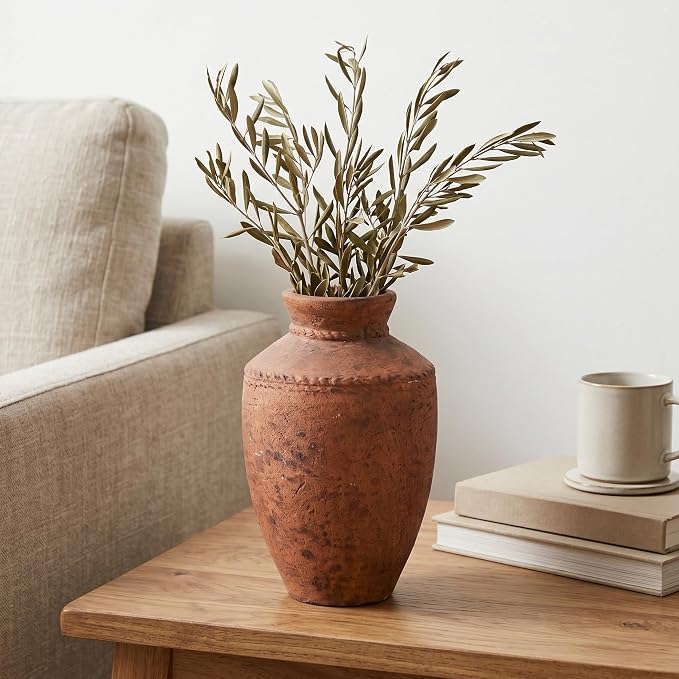 Terracotta Vase, 10 Inch Large Ceramic Flower Vases Rustic Farmhouse Pottery Vase for Home Decor Fireplace Entryway Kitchen Living Room Shelf Mantle Table Decor Brown