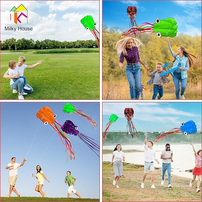 3 Pack Octopus Kite - 3D Beach Kites for People & Kids (Blue, Green, Red) - Easy to Fly, Kite Kit with 100M String