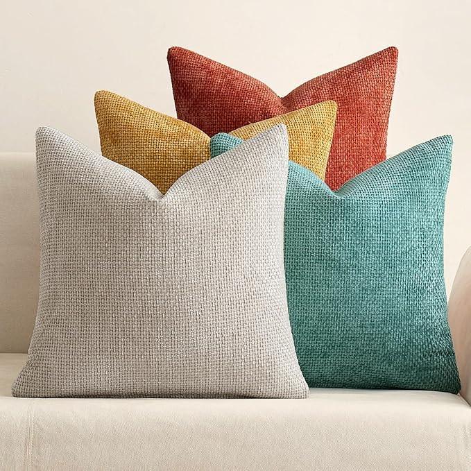 MIULEE Decorative Chenille Fall Pillow Covers Orange Teal 18x18 Pack of 4 | Rustic Home Decor, Retro Vintage Set, Couch Throw Pillows, Farmhouse Boho Cushion Covers for Sofa Bed Living Room