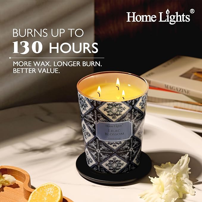 HomeLights Lilac Blossom Scented Candles | 34oz Soy Candles Bohemian Natural Textures 3-Wick Large Candle Jars | Ideal Candle Gifts for Events, Home Decor Stress, Relief & Relaxation