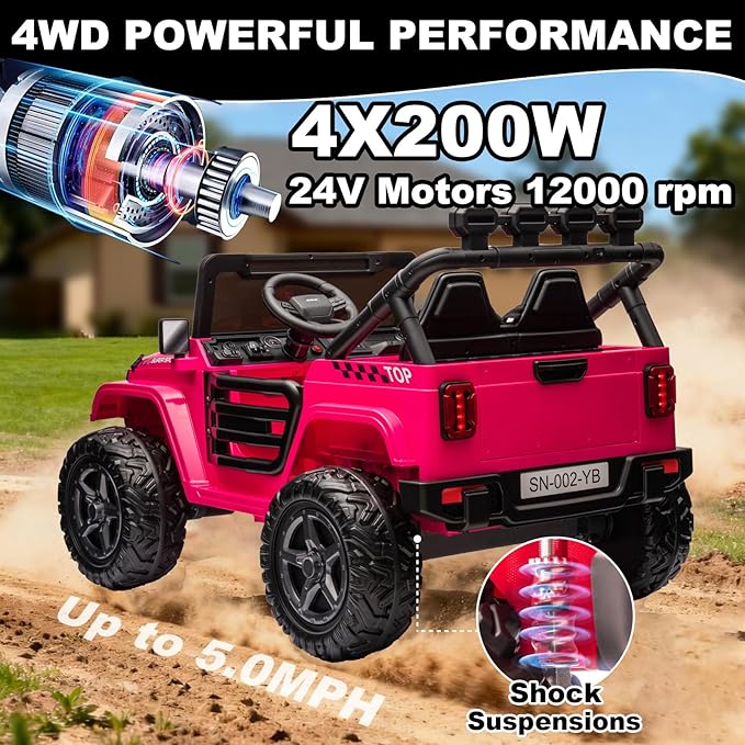 NEWQIDA 24V 2 Seater Ride on Car w/Remote Control 4wd Kids Electric Vehicles Ride on Toys Car, EVA Tires Wheels, 20" Spacious Seat, LED Lights, Music, Spring Suspension, 4x200W Motors, Hot Pink