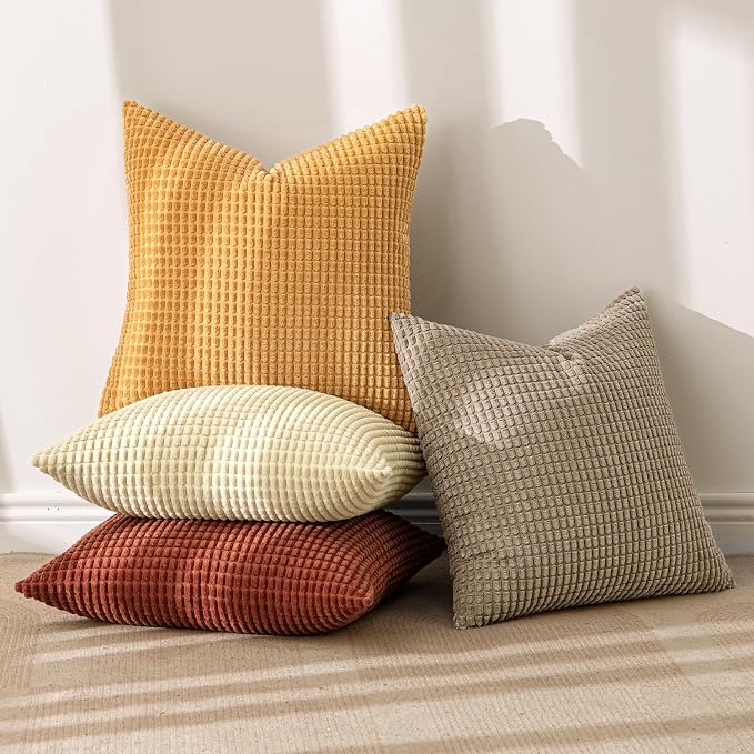 MIULEE Fall Decorative Pillow Covers 18x18 Inch Set of 4 Terra Cotta | Modern Farmhouse Natural Rustic Pillows, Neutral Warm Soft Corduroy Couch Pillowcases, Home Decor for Sofa Living Room Bed