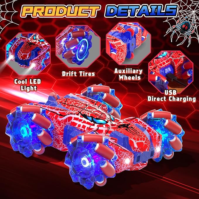Spider Gesture Sensing Remote Control Car, Double Sided RC Cars with Full-Body Light, 2.4GHz Hand Controlled Rechargeable RC Stunt Car Toys for Boys 4 5 6 7 8 9 10 11 12