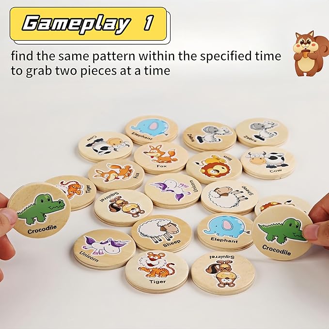 Memory Game for Kids, 20Pcs Wooden Flash Cards for Toddlers Memory Matching, Educational Animal Toys Preschooler Early Memory Practice Learning Travel Activities, Gifts for Boys Girls Age 3-6