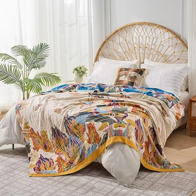 Boho Throw Blanket Farmhouse Decor Throw Blanket Bohemian Blanket for Bed 100% Cotton Muslin Woven Couch Blanket All Seasons Quilt Bedroom (D-Yellow, 90"x98")