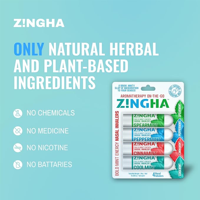 Z!NGHA Natural Aromatherapy Nasal Inhaler Stick for Sinus Relief, Focus & Stress Relief | Portable Dual-Hole Essential Oil Blend (4PK, Mint Mix)