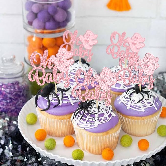 Gyufise 24Pcs Ghost Oh Baby Cupcake Toppers Pink Glitter Bow Spooky Cupcake Picks for Halloween Ghost Theme Baby Shower Kids Birthday Party Cake Decorations Party Supplies