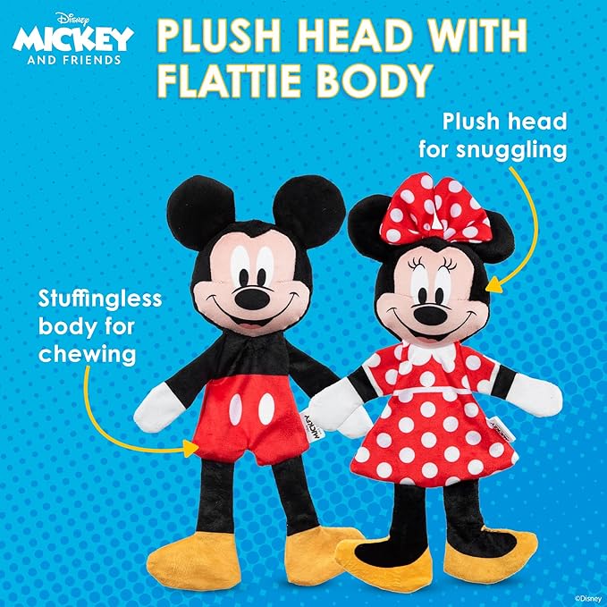 Disney for Pets Mickey Mouse & Minnie Mouse Plush Squeaker with Crinkle Flattie Body Dog Toy Set Dog Toys | Plush Squeaker Toy for Dogs Inspired by Mickey Mouse, 13.5in - 2 Pack