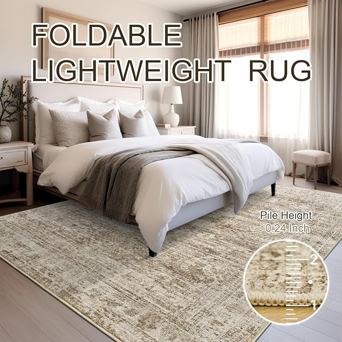 Soalmost Washable Area Rug 8x10 Large Soft Brown Rugs for Living Room | Vintage Non-Slip Carpet for Dining Bedroom, Stain Resistant Low Pile Foldable Lightweight Floor Mat Under Table Home Decor