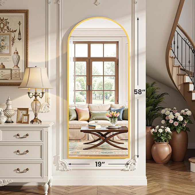 OLIXIS Arched Full Length Mirror, Full Body Mirror, 58"x19" | Mirrors with Stand, Hanging or Leaning for Wall, Aluminum Alloy Thin Frame Floor Standing for Living Room, Long, Gold
