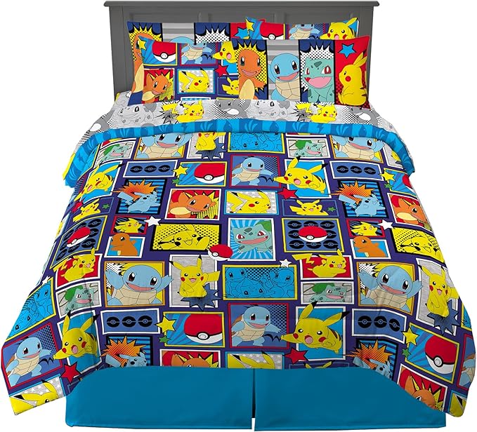 Pokémon Pikachu Full Size Bedding Set – Kids Bedding Super Soft Cozy Reversible Comforter and Sheet Set with Sham, 7 Piece Full Size, (Officially Licensed Product) by Franco