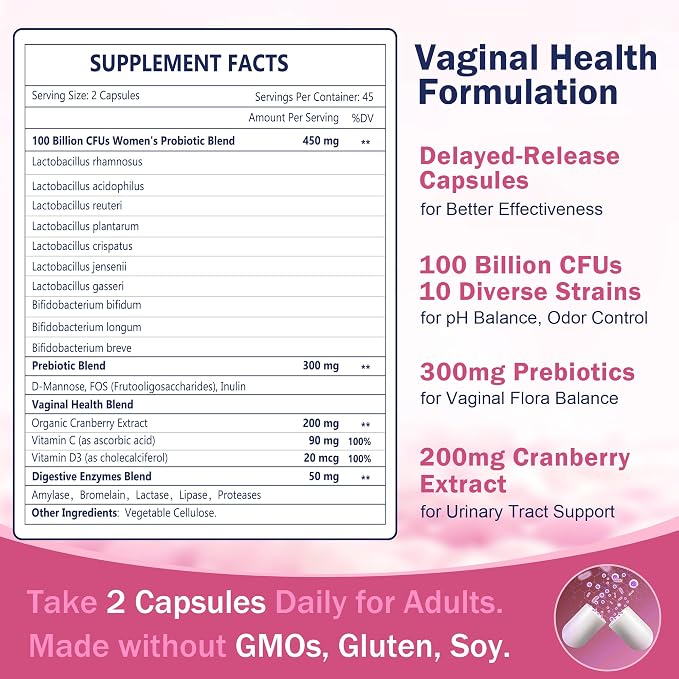 Vaginal Probiotics for Women, 100 Billion CFUs Probiotics & Prebiotics with Digestive Enzymes, Cranberry & D-Mannose - Womens Probiotic Supports pH Balance, Odor & Urinary Tract Health - 90 Capsules
