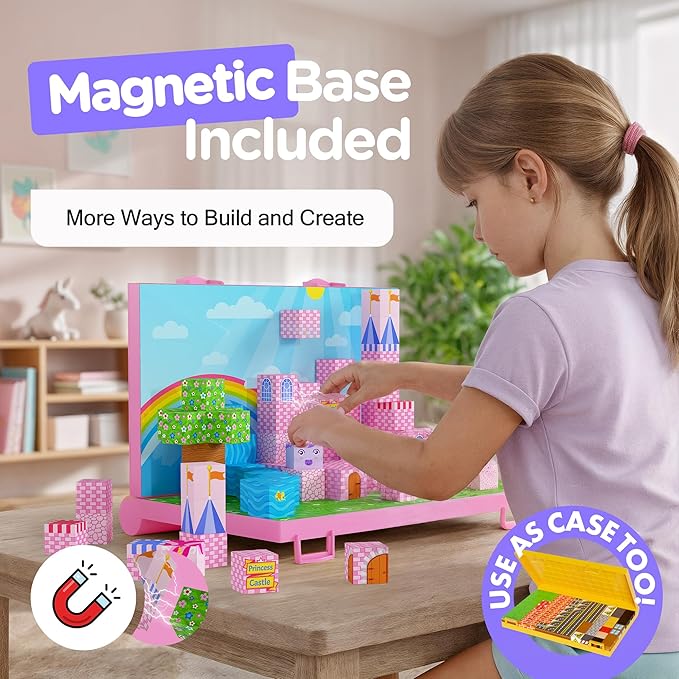 Gift-Ready Magnetic Building Blocks for Kids, Magnet Cubes — Princess Castle Toy Building Sets with Magnetic Storage Board — 84-Piece Pixy Stacking STEM Building Toys for Boys & Girls Ages 3 to 12