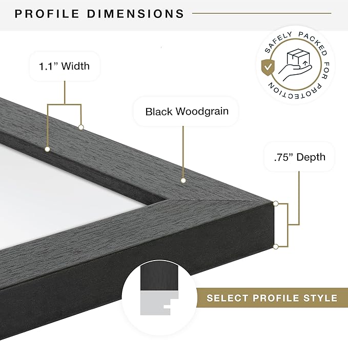 MCS Studio Gallery 8.5x11 Picture Frame Black Woodgrain Engineered Wood, Rectangle Photo Frame for Photos, Posters & Art Prints & Easel for Tapletop Display (4-Pack)