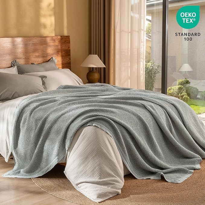 PHF Stone Washed 100% Cotton Waffle Blanket, Vintage Deep Honeycomb Texture, Breathable Thermal Blanket for Bed & Home Decor, All Season Layering - Queen, Frosted Grey