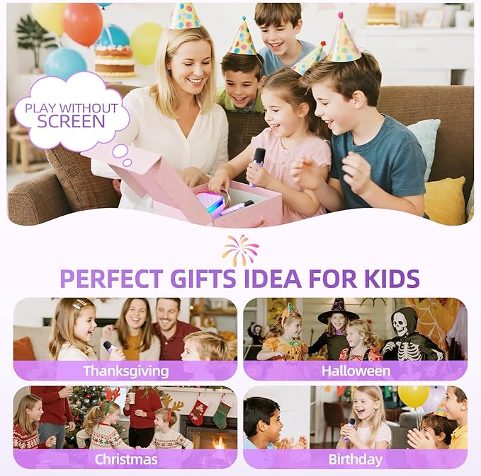Kinglucky Mini Karaoke Machine for Kids, Top Birthday Gift Pick for Girls Ages 3, 4, 5, 6, 7, 8, 9, 10, 11, 12 Years Old, Kids' Personal Video Players Accessories with 2 Mics & 5 Voice Effects, Purple