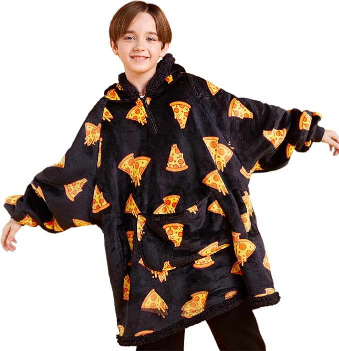 Giggling Getup Wearable Blanket Hoodie for Girls and Boys Warm Cozy Sherpa Fleece Hooded Blanket Sweatshirt Oversized Hoodie with Giant Pocket & Sleeves for Kids Pizza