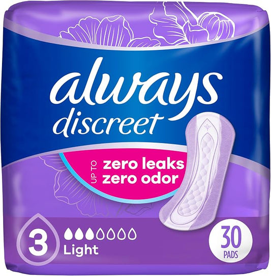 Always Discreet, Incontinence & Postpartum Liners For Women, Size 3, Light Absorbency, Regular Length, 30 Count