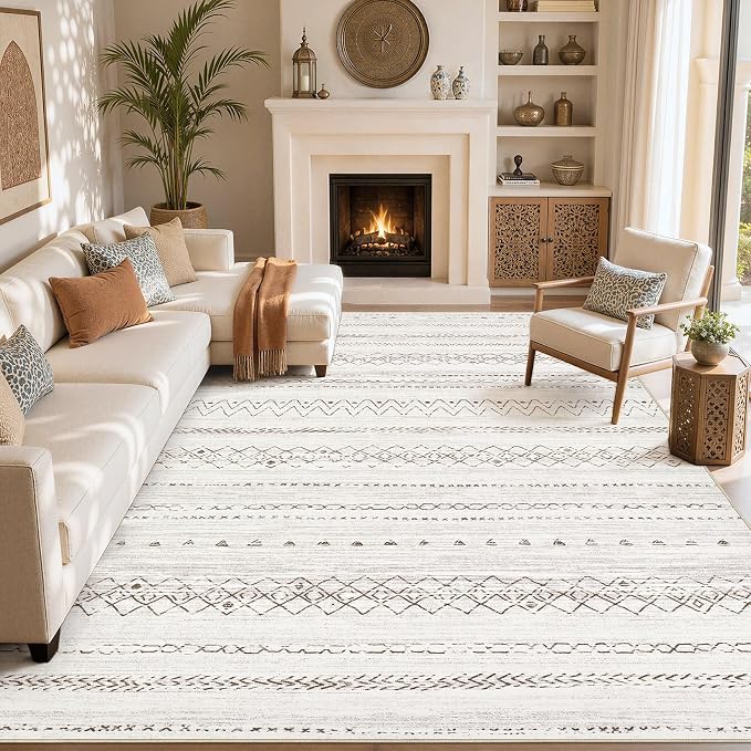 cotiled 7x9 Area Rugs Living Room Rug: Washable Boho Rugs with Non Slip Backing Large Soft Indoor Stain Resistant Carpet for Bedroom Farmhouse Dining Room Lightweight Home Decor Brown