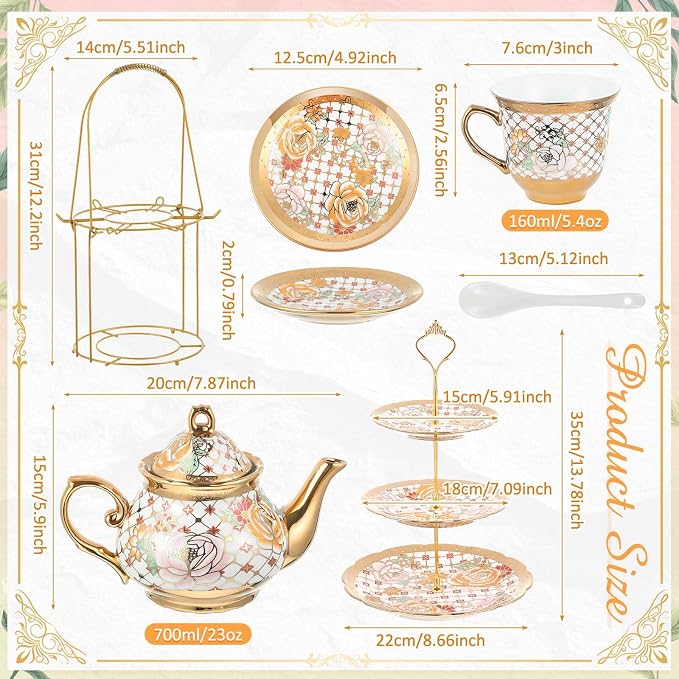 Maxcheck 21 Pcs Porcelain Tea Set for Women Tea Party with Metal Holder and 3 Tier Cake Stand Ceramic European Floral Teapot Set for Adults Mother's Day Christmas Thoughtful Gift(Stylish Style)