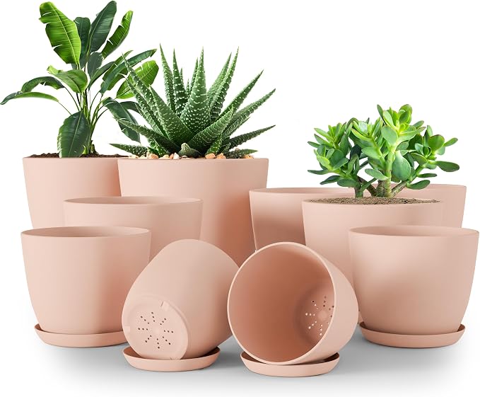 Plant Pots Indoor with Drainage, 10 Pack Multi-Size Planters Set, Pink | Drainage holes included Multiple sizes 7/6.6/6/5.3/4.8 In Indoor plants and flowers Durable plastic construction