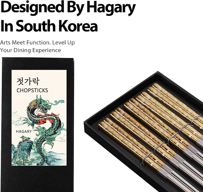 Hagary Dragon Chopsticks Metal Reusable Designed In Korea Japanese Style Stainless Steel 316 18/10 Non-Slip Dishwasher Safe Laser Etched (Gold - 5 Pairs)