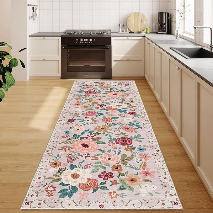DUKINO 2x6 Runner Rug for Hallway, Washable Kitchen Rugs Non Slip, Beige | Low Pile, Soft, Floral Indoor Rug for Entryway, Bedroom, Laundry, Bathroom, Pet Friendly, Lightweight, Modern Home Decor