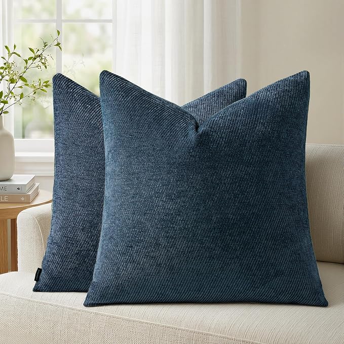 a moment Pack of 2 Decorative Chenille Throw Pillow Covers with Twill Cushion Covers for Sofa Living Room Couch Bed 20x20 Inch Blue