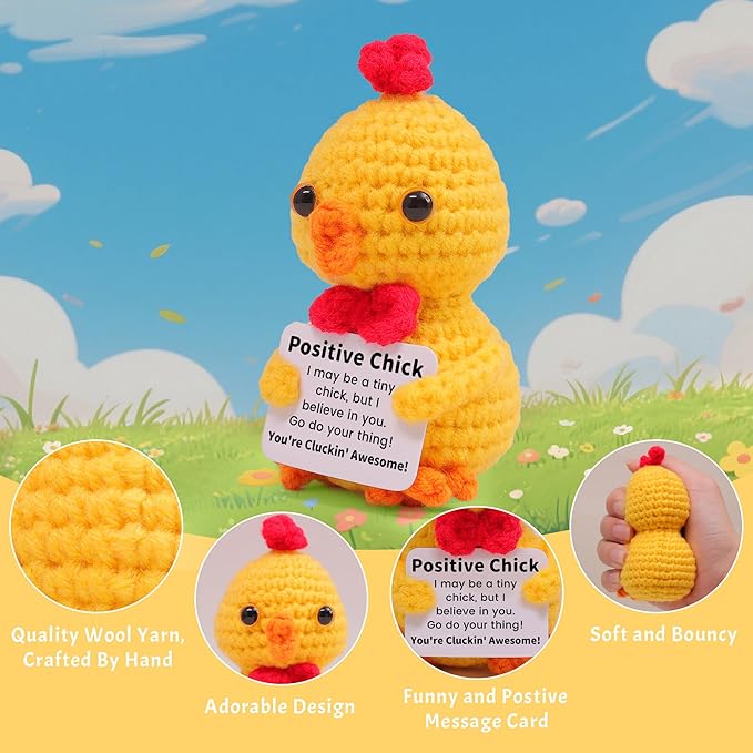 Mini Funny Positive Chick, Knitted Wool Chick Toy with Positive Card - Creative Cute Crochet Doll Emotional Support Cheer Up Keepsake Gift for Friends, Student, Christmas