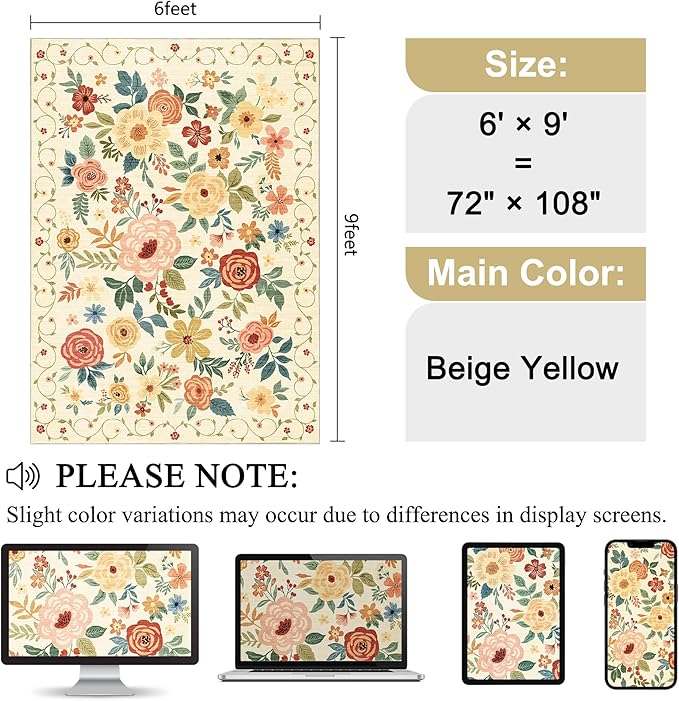 DUKINO 6x9 Area Rugs, Floral Washable Rug for Bedroom Non Slip Beige Yellow | Soft, Low Pile, Large Indoor Rug for Living Room, Dining Room, Kids Room, Office, Pet Friendly, Home Decor, Stain Resistant