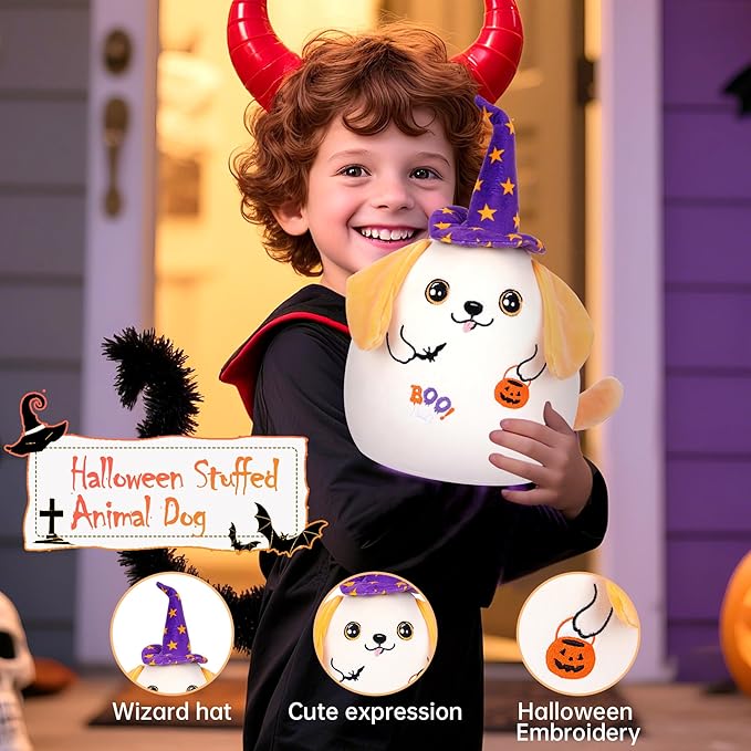 Halloween Dog Plush Stuffed Animal - Kids’ Plush Toy Pillow Witch Hat Pumpkin Lantern Bat Trick or Treat 12 Inch