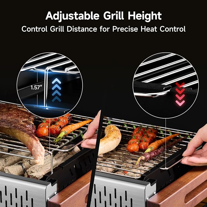 Portable BBQ Charcoal Grill, No Assembly Hibachi Grill for Camping | Height Adjustable 304 Stainless Steel Grate, Easy Clean Enamel Tray, Foldable Grill for Beach and Patio