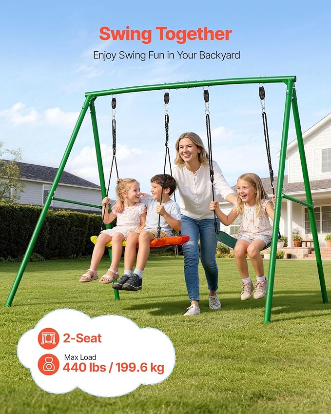 VEVOR Swing Set for Backyard, 32 in Saucer Swing Seat and Belt Seat, with Heavy Duty A-Frame Metal Stand, 440 lbs Load Capacity, Reinforced with Spiral Ground Anchors, Swingset Outdoor for Kids