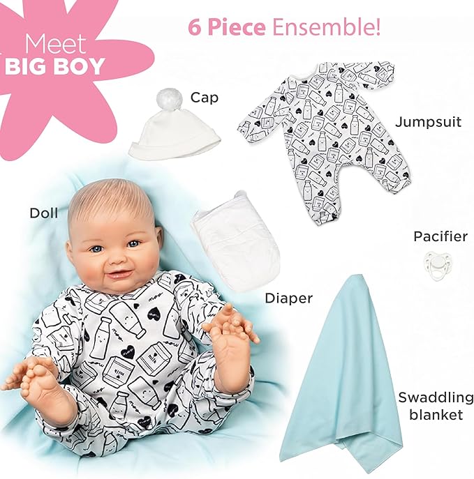 Paradise Galleries 22 Inch Realistic Reborn Baby Boy Doll with Soft Chunky Cheeks in Adorable Blue Outfit and Accessories – Big Boy