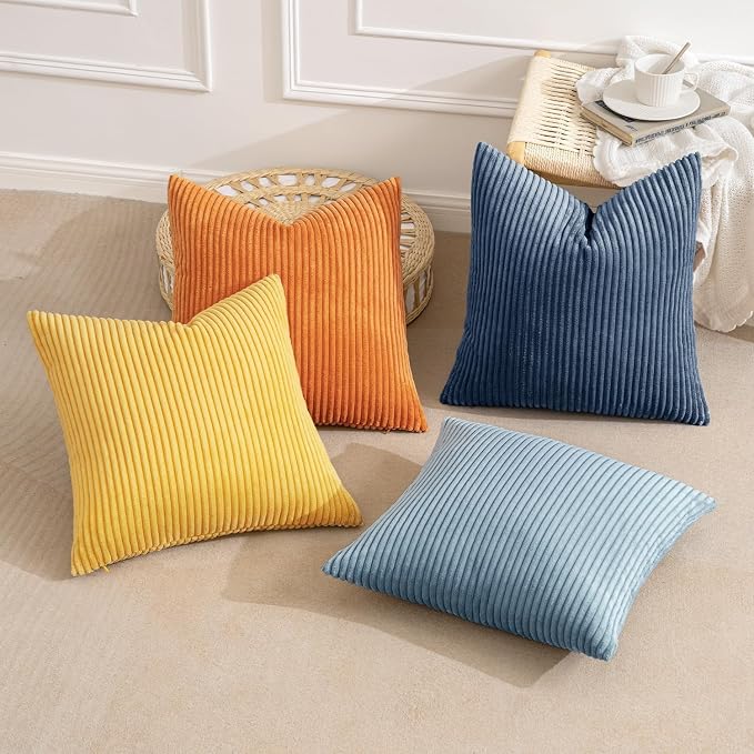MIULEE Soft Corduroy Decorative Throw Pillow Covers Blue-Orange 20x20 | Set of 4, Mordern Nordic Coastal Decor, Summer Sky Wheat Set, Boho Farmhouse Cushion Covers for Couch Bed Sofa Living Room