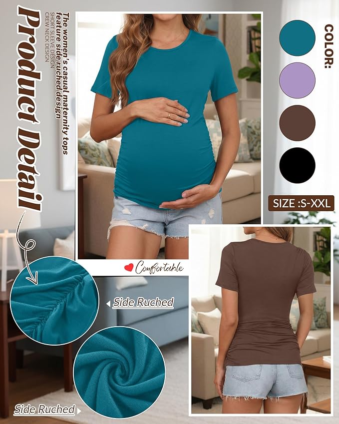 Huukeay 4 Pack Women's Maternity Shirts, Crew Neck Maternity Top Short Sleeve Casual Cotton Tee Side Ruched Pregnancy Clothes