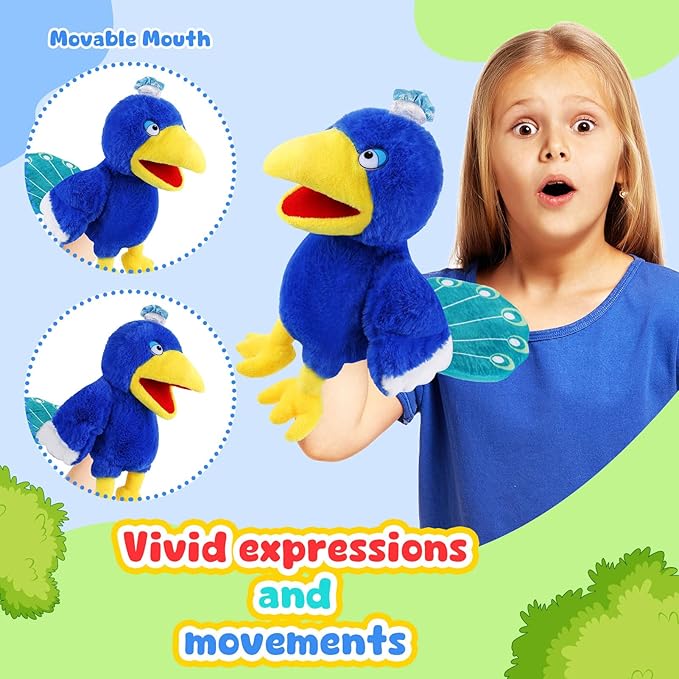 Animal Hand Puppets 11 Inch Bird Plush Toucan Owl Eagle Parrot Flamingo Peacock Puppet Toys Role-Play Puppets for Kids Storytelling Imaginative Pretend Play Teaching Preschool(Peacock)