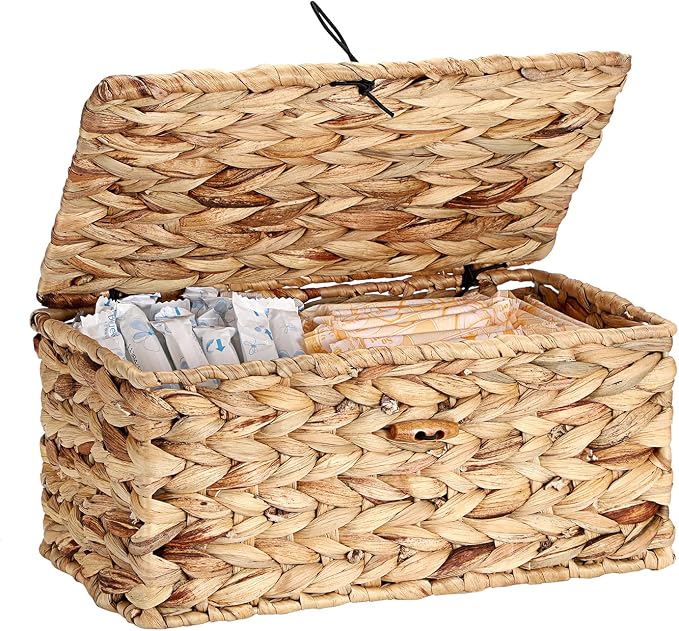 Sumnacon Woven Tampon Holder for Bathroom, Wicker Water Hyacinth Feminine Product Organizer with Lid, Farmhouse Rustic Tampon and Pad Organizer, Woven Storage Baskets Bin for Counter Toilet Tank