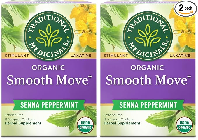 Traditional Medicinals Tea, Organic Smooth Move Peppermint, Relieves Occasional Constipation, Senna, 16 Tea Bags (Pack of 2)