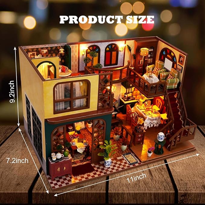 Foyucool DIY Miniature House Kit, Dollhouse Kit with Light and Dust Cover, Mini House Building Kits for for Adult to Building, Christmas Home Decorations Gifts for Family and Friends, Retro Loft