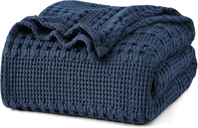 PHF 100% Cotton Waffle Weave Blanket King Size, Lightweight Breathable Summer Blanket for Hot Sleepers, Pre-Washed Soft Layer for Bed, Couch, Home Decor Gift, 108"x90", Blue Sapphire