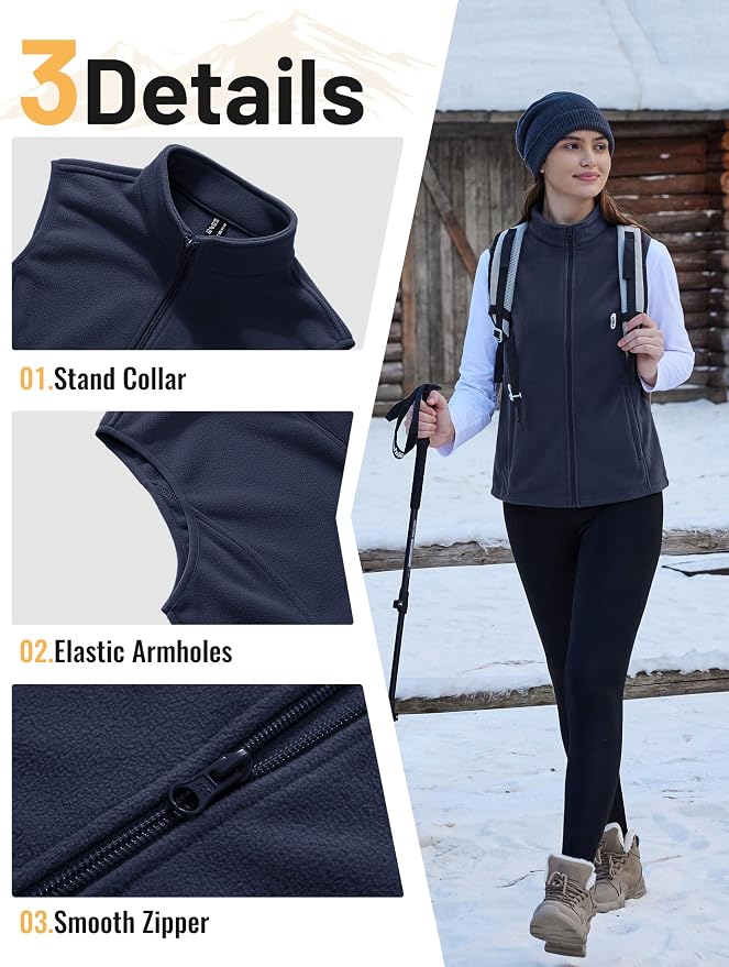 TACVASEN Women's Fleece Vest Lightweight Sleeveless Zip Jacket Outerwear | Soft Polar,Zipper Pockets,Stand Collar,Fall Winter Warm,Outdoor,Athletic,Running,Hiking,Travelling,Golf,Work